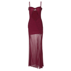 Hollow out mesh ruffle ruched cami maxi dress