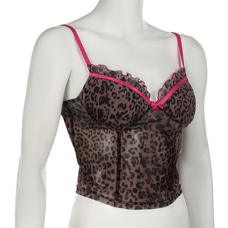Bowknot ruffle leopard print mesh cami top