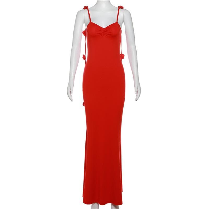 Flower applique backless solid v neck ribbon cami maxi dress  | red tango dress