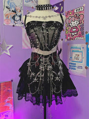 Lace hem skull applique metal chain mini skirt