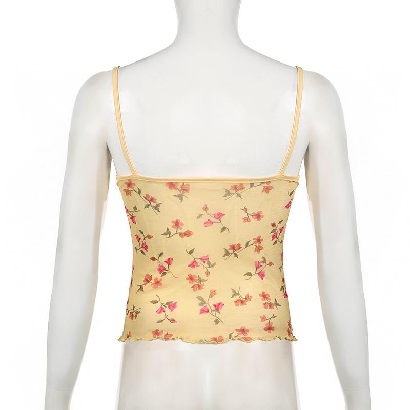 V neck lace hem flower print mesh ruffle cami top
