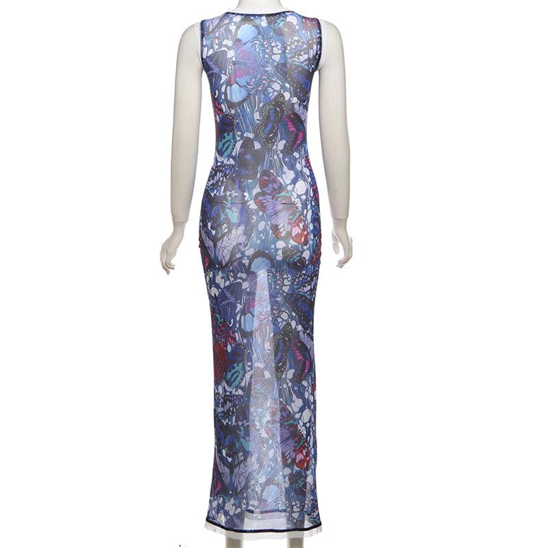 Sleeveless crewneck lace up print sheer mesh maxi dress  | samba dress