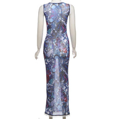 Sleeveless crewneck lace up print sheer mesh maxi dress  | samba dress
