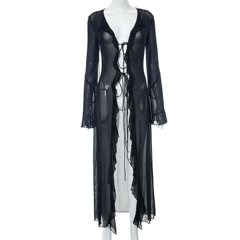 Flared sleeve ruffle sheer mesh see through self tie maxi dress  | samba dress
