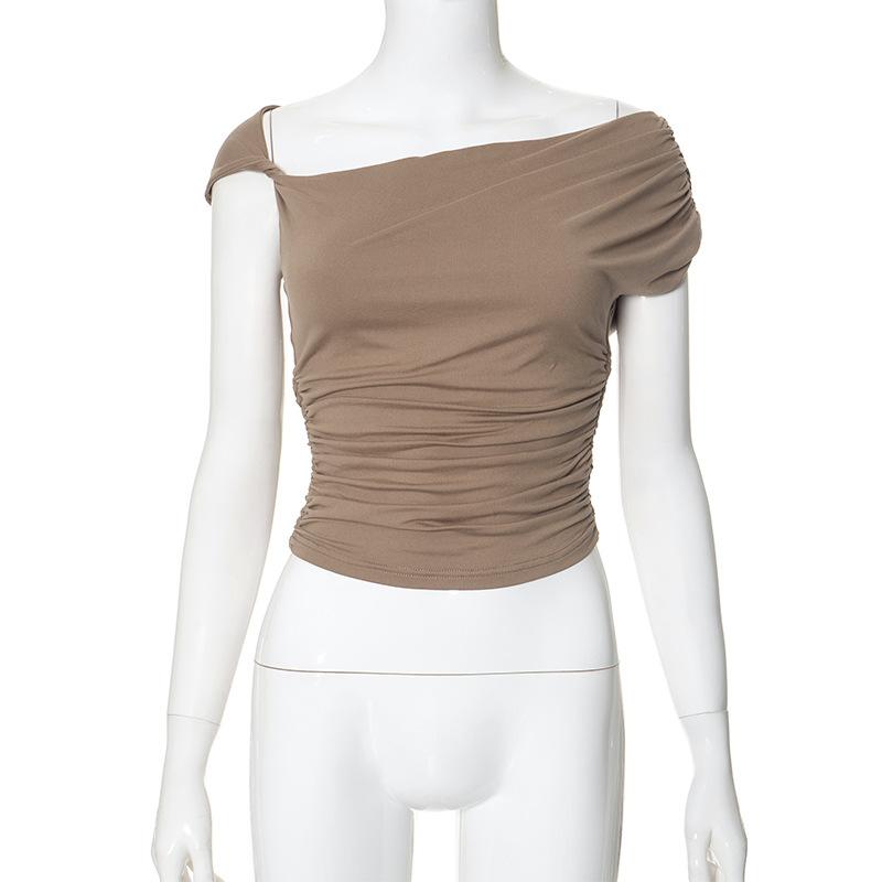 Short sleeve irregular ruched solid top