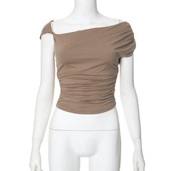 Short sleeve irregular ruched solid top