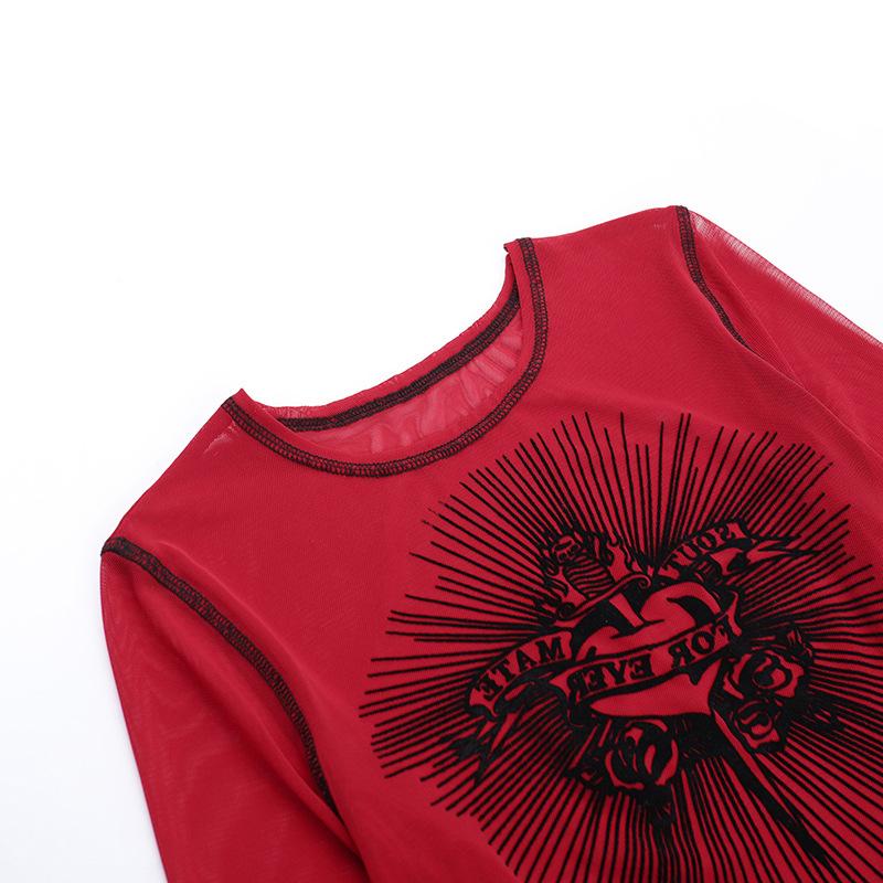 Crewneck long sleeve mesh abstract top