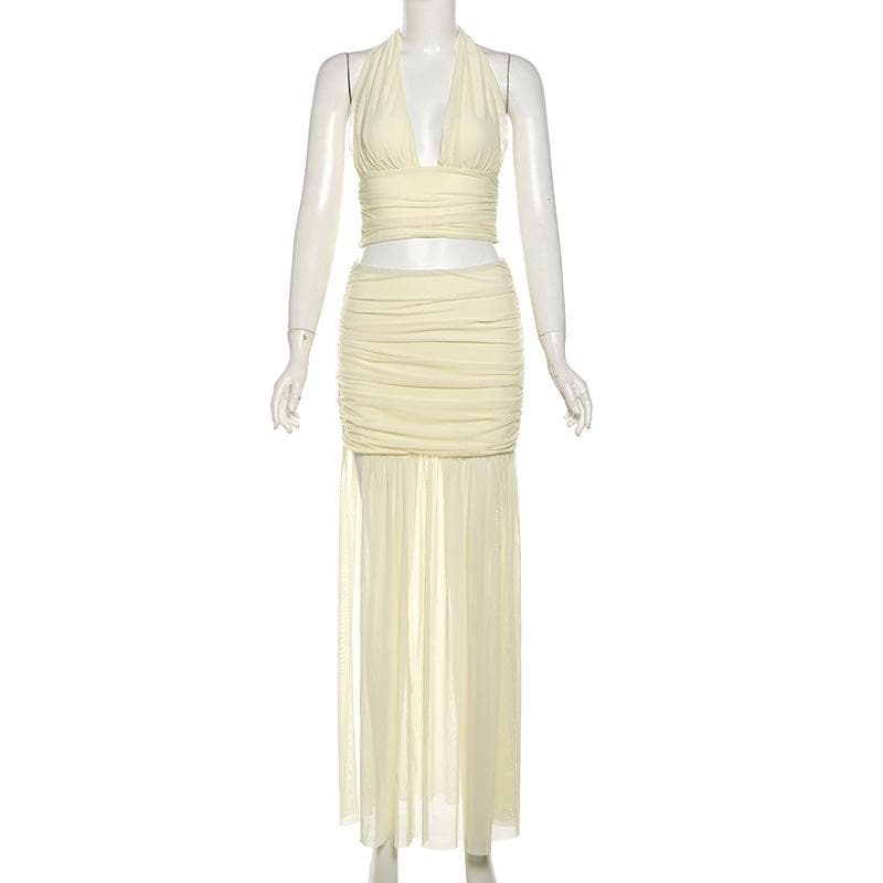 Halter ruched deep v neck high slit mesh maxi skirt set