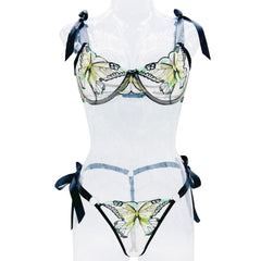 Sweetheart neck butterfly embroidery lingerie set