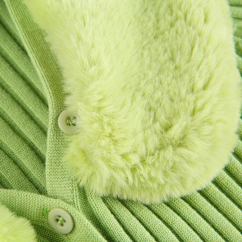 Button fluffy turnover collar knitted long sleeve cardigan top