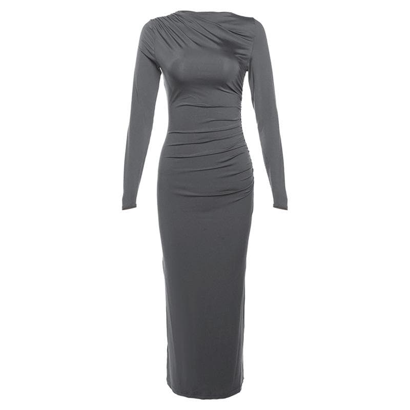 Ruched solid long sleeve zip-up maxi dress  | red tango dress