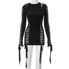 Hollow out self tie long sleeve solid crewneck mini dress  | red tango dress