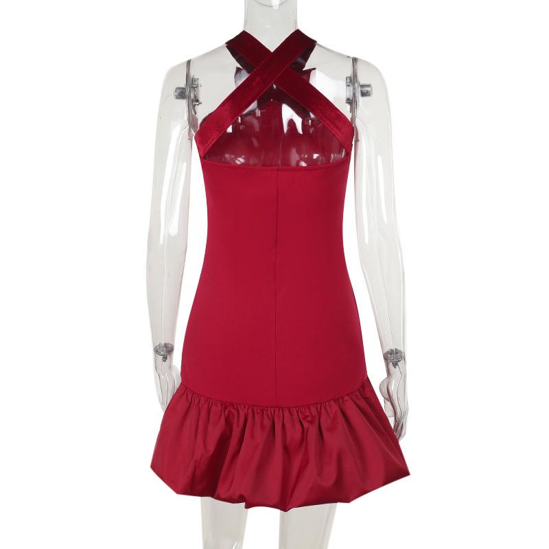Halter bowknot cross back ruffle mini dress
