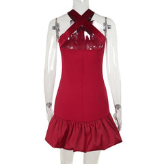 Halter bowknot cross back ruffle mini dress