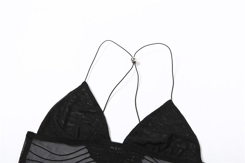 Sheer mesh butterfly applique see through backless solid top