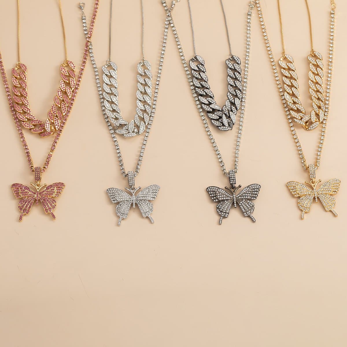 Butterfly pendant rhinestone cuban 2pcs necklace