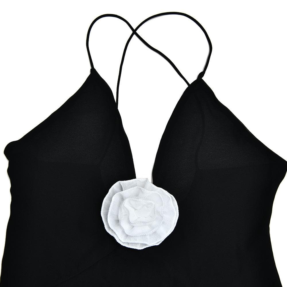 Flower applique v neck ruched zip-up cross back maxi dress  | black rave dress  | black rave dress