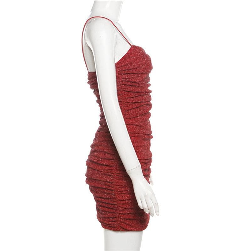 Glitter ruched backless solid cami mini dress  | red tango dress