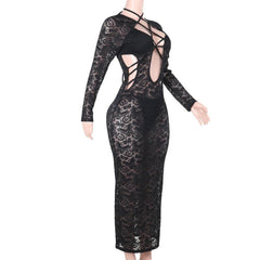 Lace long sleeve hollow out cross front maxi dress