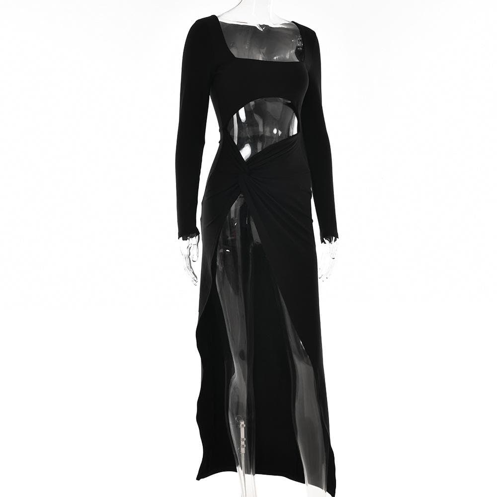 Long sleeve solid hollow out ruched slit knotted midi dress  | red tango dress