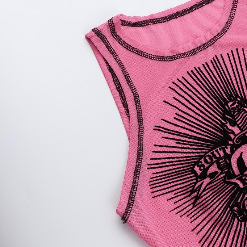 Sleeveless crewneck print sheer mesh stitch top