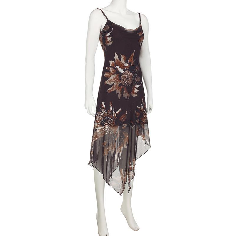 Cowl neck flower print irregular mesh midi dress