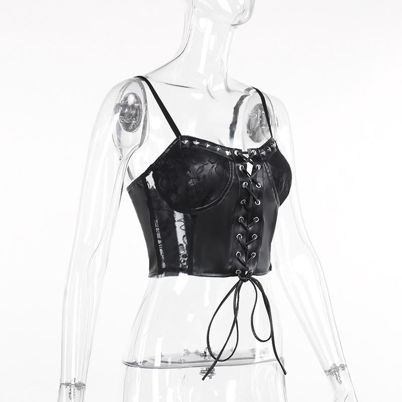 Lace up PU leather patchwork lace rivet cami top