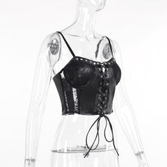 Lace up PU leather patchwork lace rivet cami top
