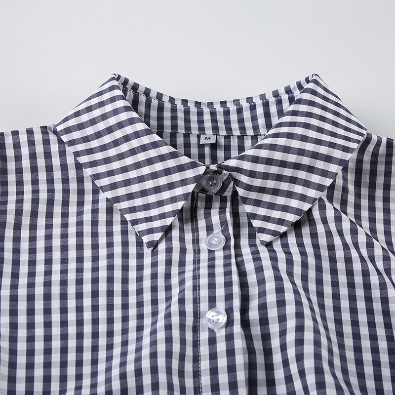 Turnover collar short sleeve plaid print button top