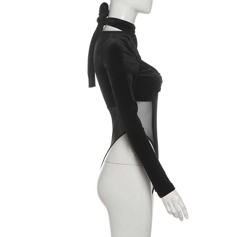Velvet mesh patchwork long sleeve self tie bodysuit