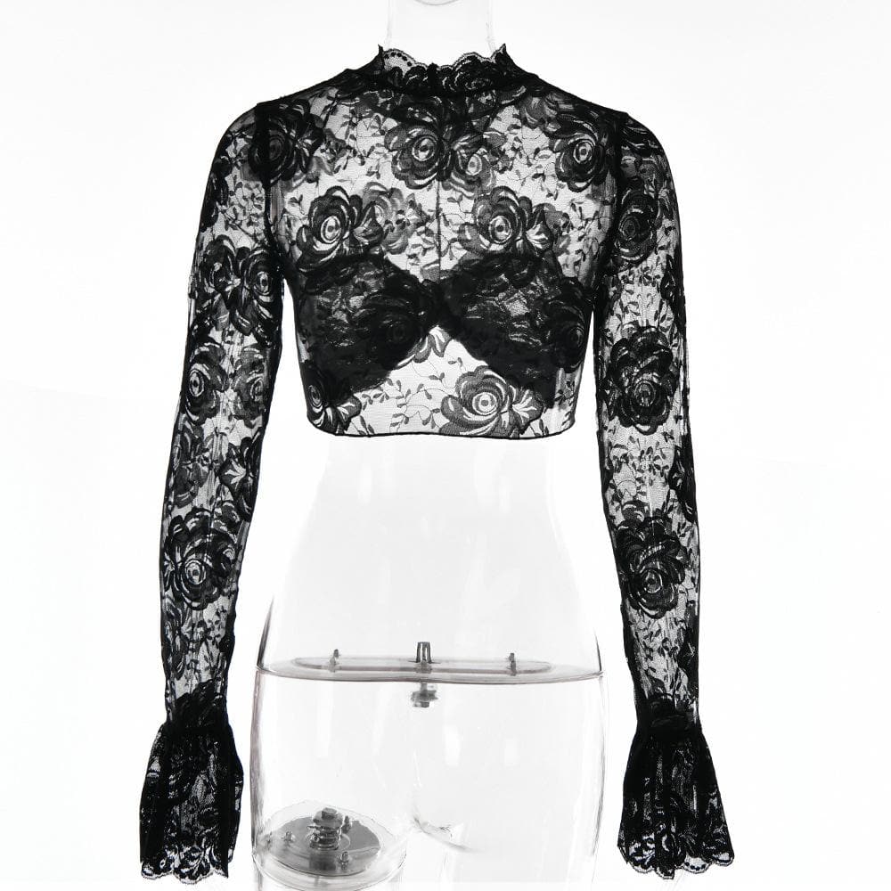 Sheer mesh see through solid flared sleeve ruched crop top
