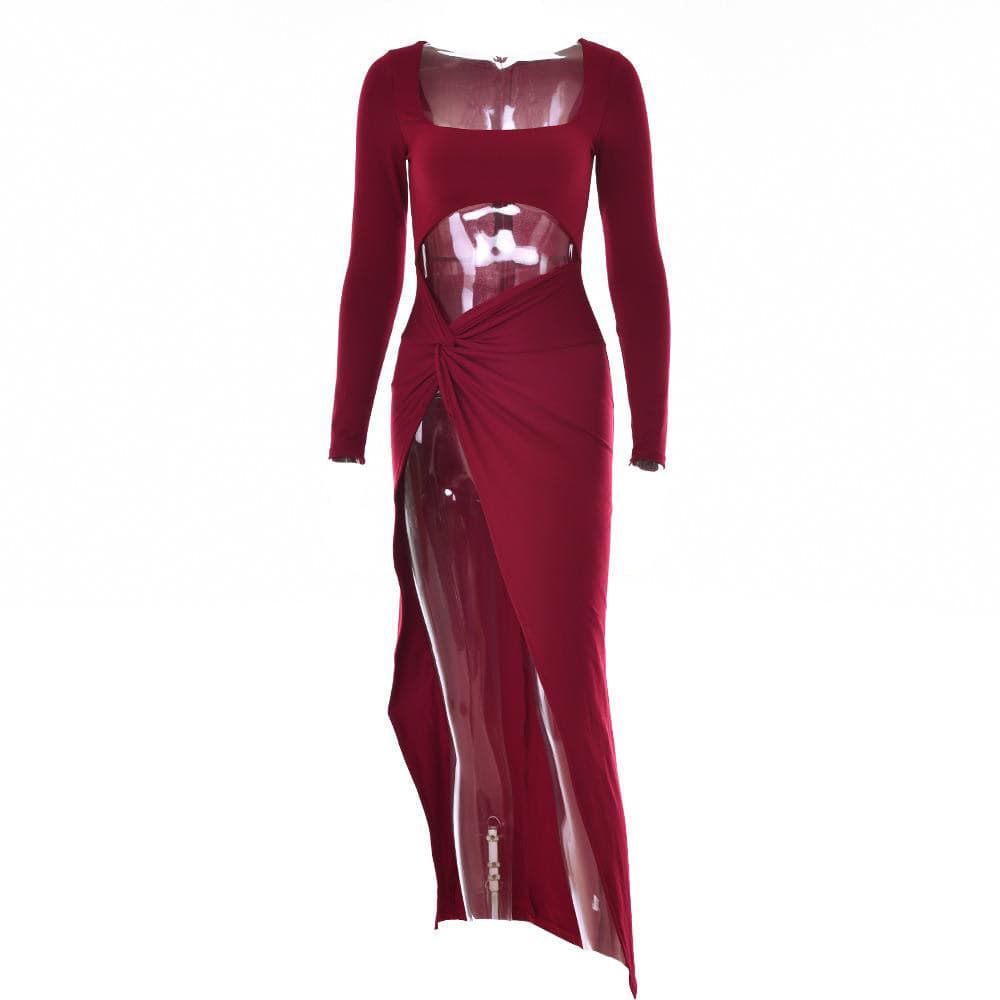 Long sleeve solid hollow out ruched slit knotted midi dress  | red tango dress