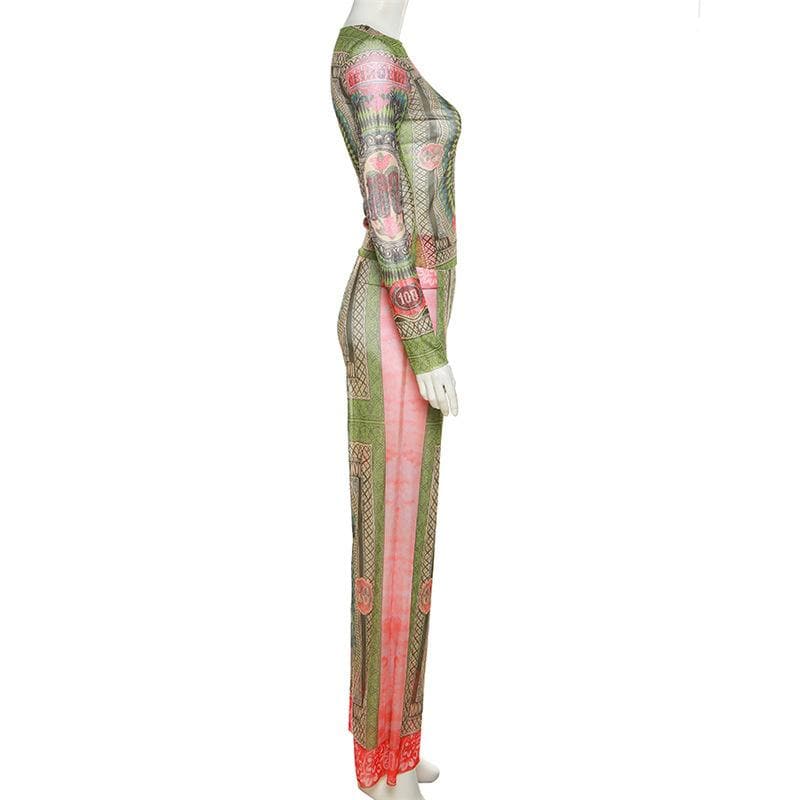 Long sleeve contrast sheer mesh see through pant set