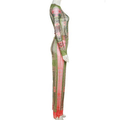 Long sleeve contrast sheer mesh see through pant set
