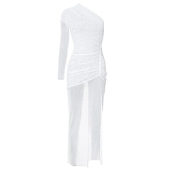 Long sleeve one shoulder ruched high slit maxi dress
