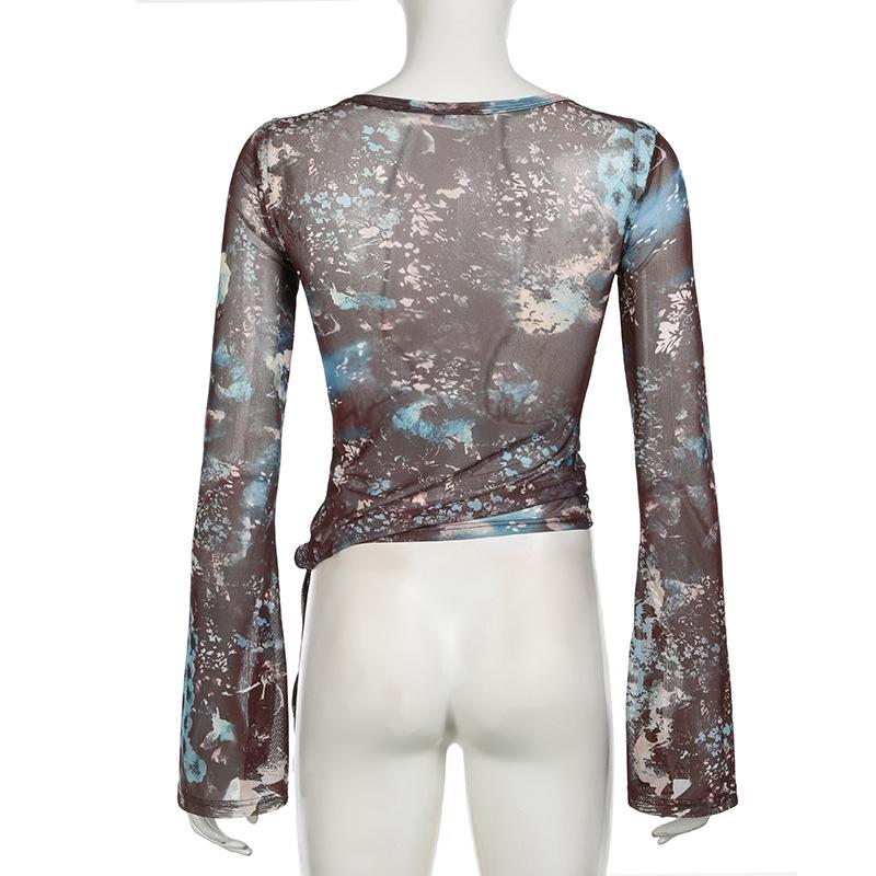 V neck long flared sleeve abstract mesh top