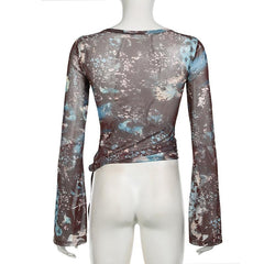 V neck long flared sleeve abstract mesh top
