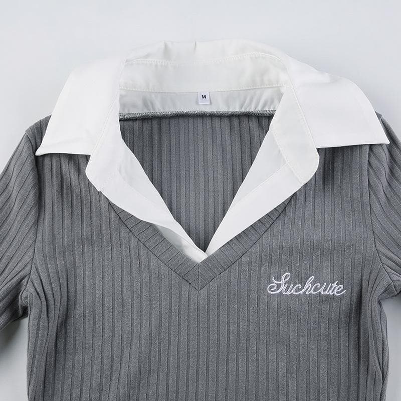 Embroidery contrast long sleeve ribbed turnover collar top