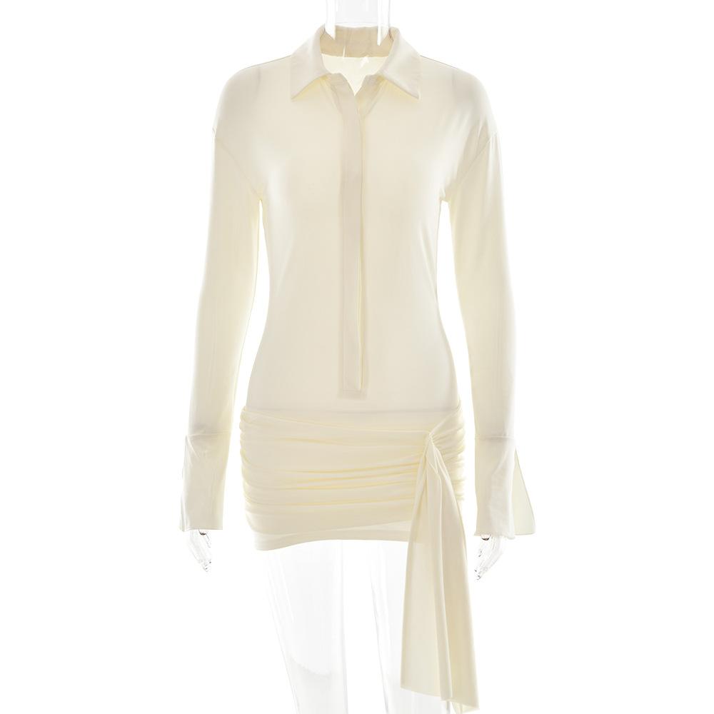 Turnover collar long sleeve button ruched mini dress