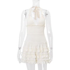 Halter smocked knotted ruched ruffle mini dress