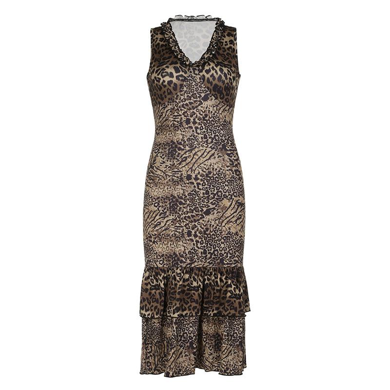 Leopard print v neck ruffle ruched midi dress