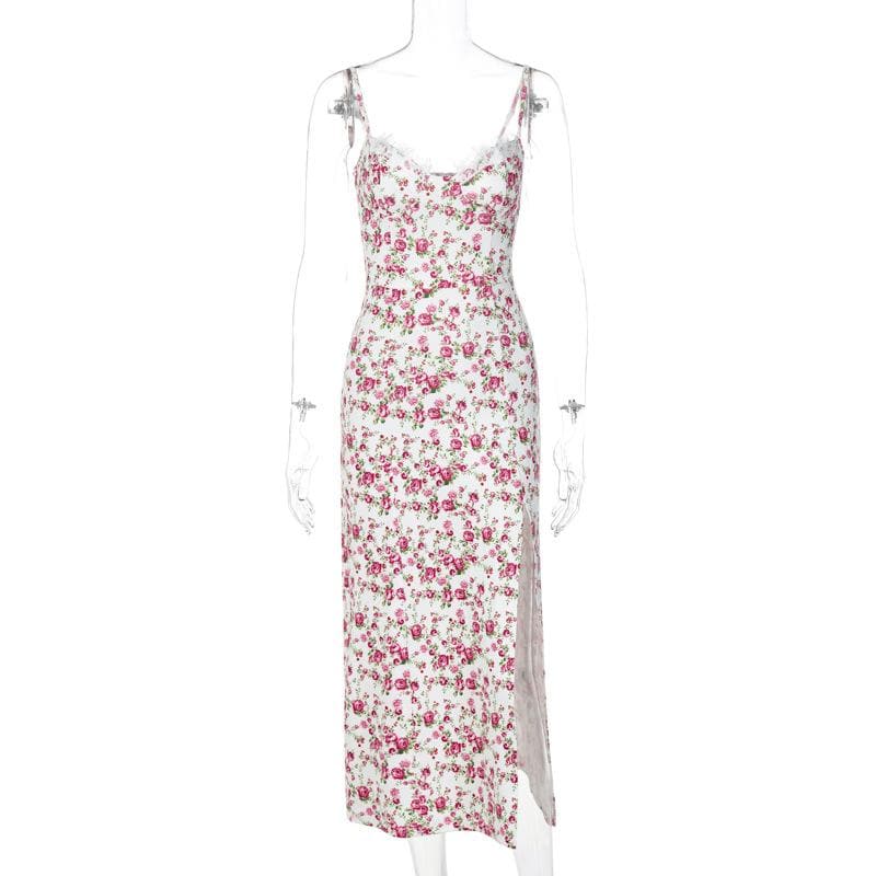 Flower pattern print lace up slit low cut cami midi dress  | red tango dress