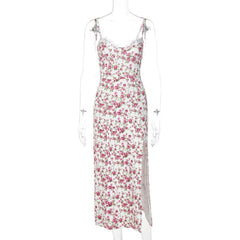 Flower pattern print lace up slit low cut cami midi dress  | red tango dress