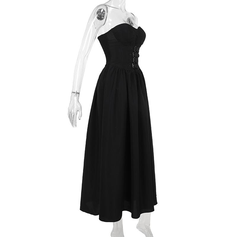 Buckle smocked sweetheart neck tube midi dress