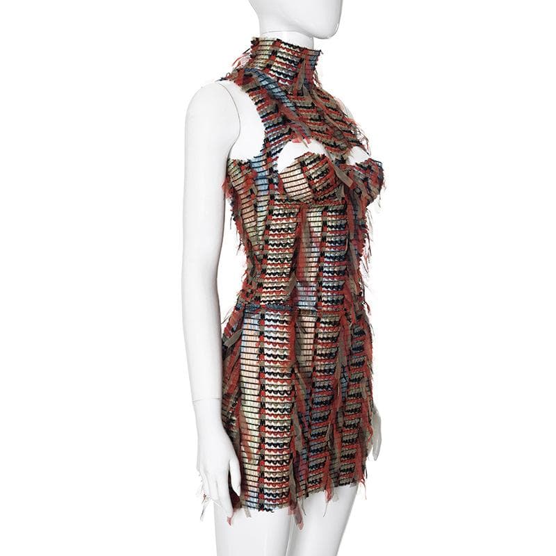 High neck textured backless hollow out cut out mini dress  | red tango dress