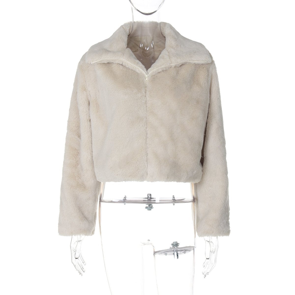 Turnover collar long sleeve fluffy zip-up top