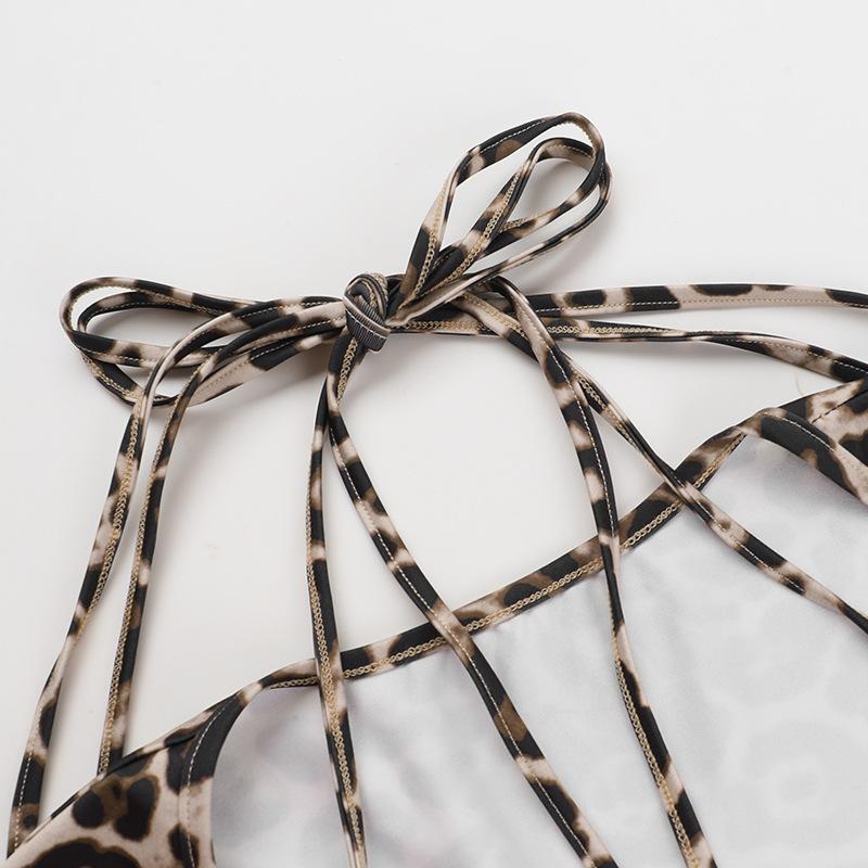 Leopard print halter long sleeve hollow out top