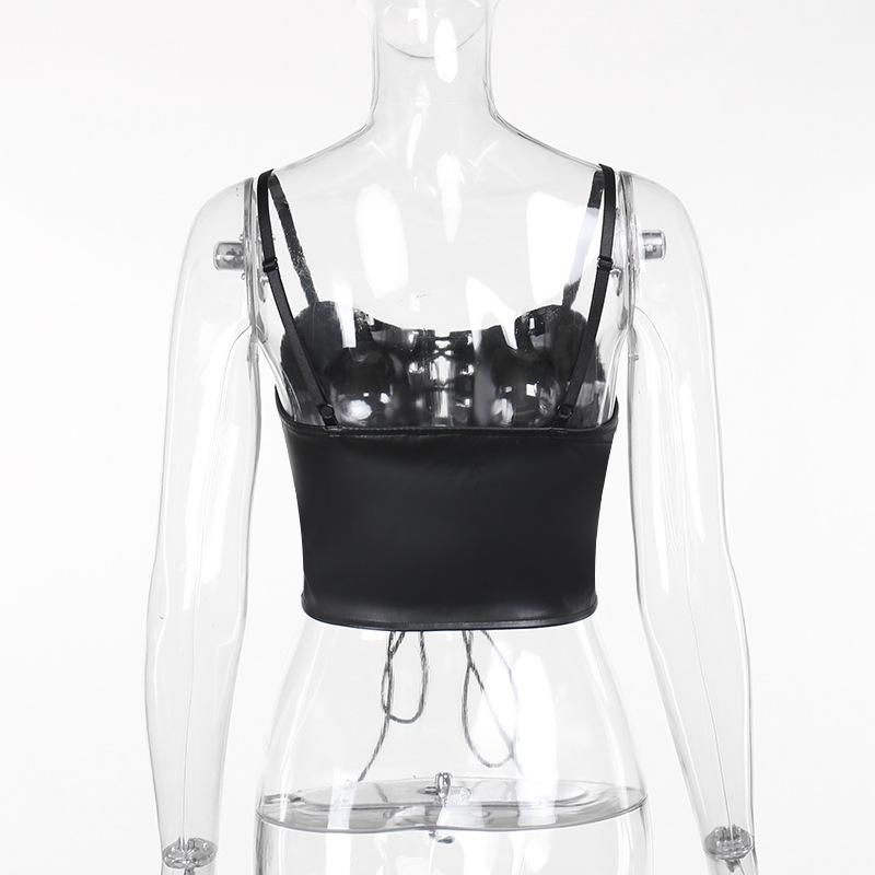Lace up PU leather patchwork lace rivet cami top