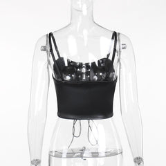 Lace up PU leather patchwork lace rivet cami top
