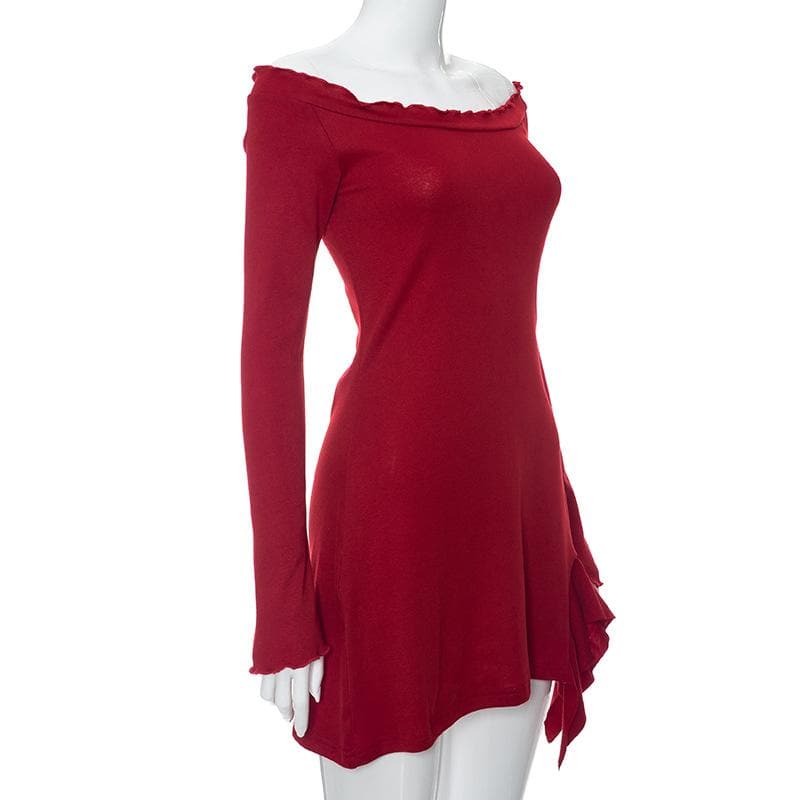 Ruffle solid long sleeve irregular off shoulder mini dress  | red tango dress